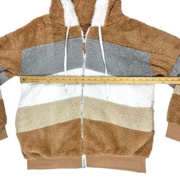 Womens XL Brown/Tan/Gray Stripe Colorblock Zip Front Cuddly Fuzzy Hooded Jacket - Picture 7 of 14